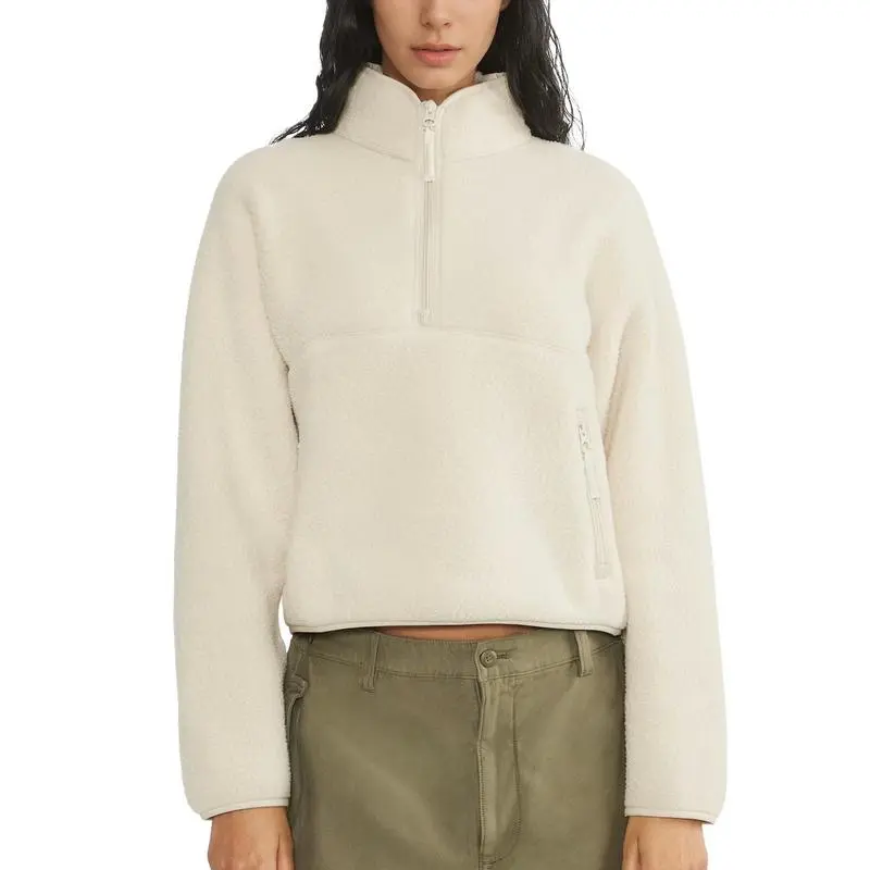 Women’s Fleece Cropped Pullover – Half Zip Sherpa Jacket with Pockets