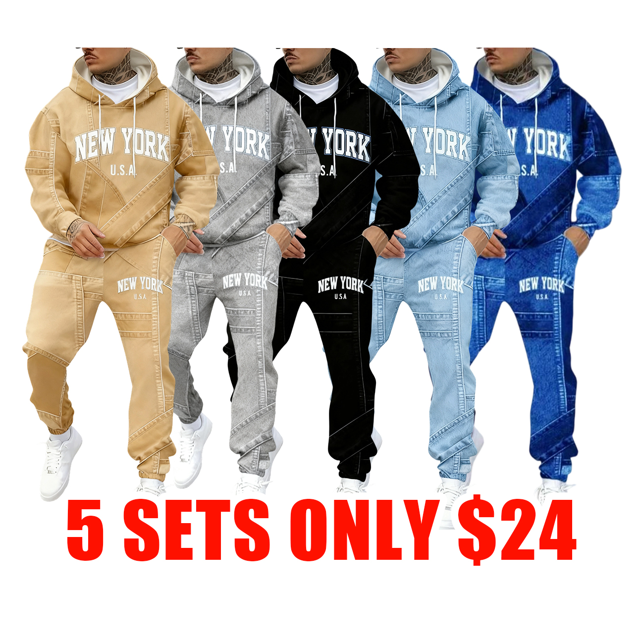 Men's Fall Winter Hooded Sweatshirt and Pants Set with 3D Denim Look