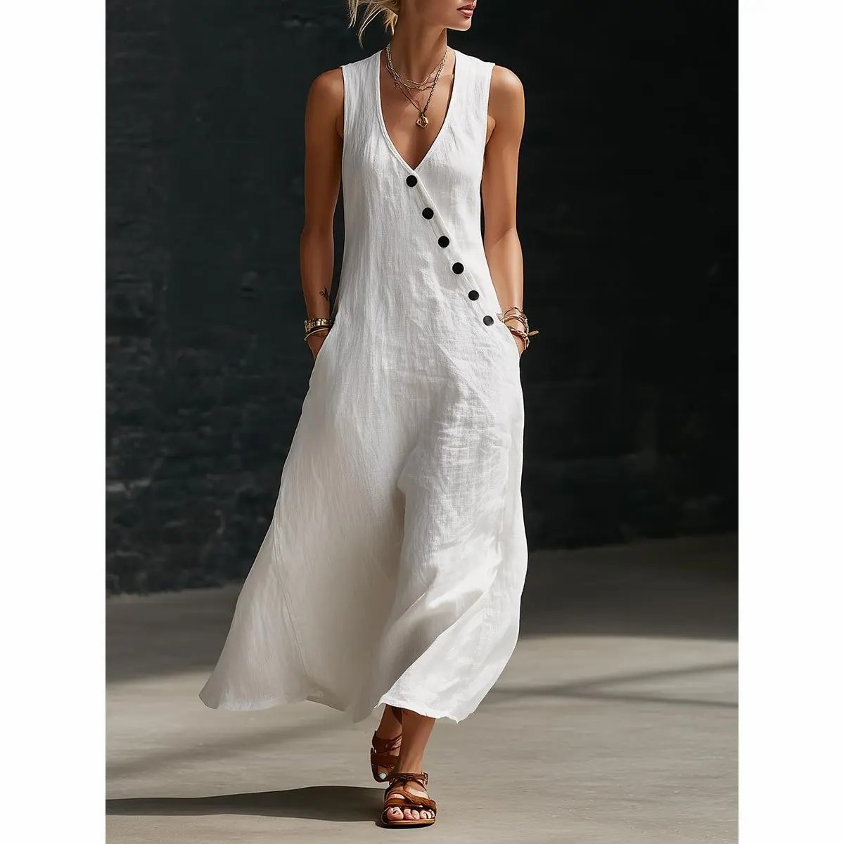 🔥Easter Sale!!Women’s Sleeveless Linen Maxi Dress – V-Neck Button Detail with Pockets