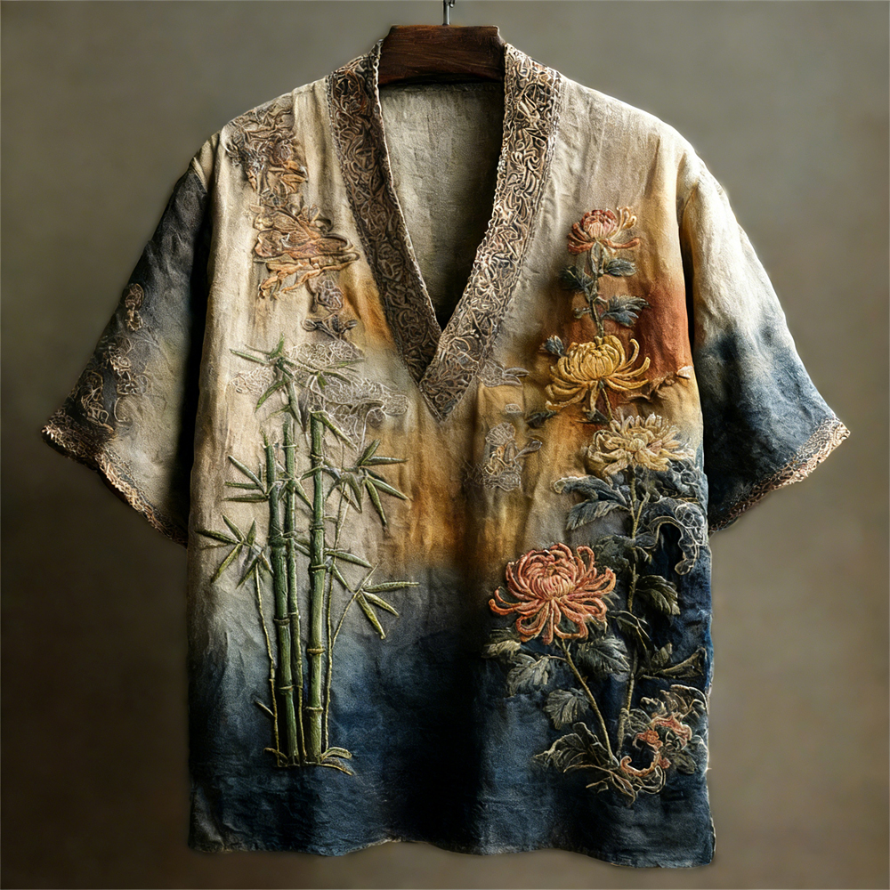 Vintage Japanese Botanical Art Linen V-neck Shirt