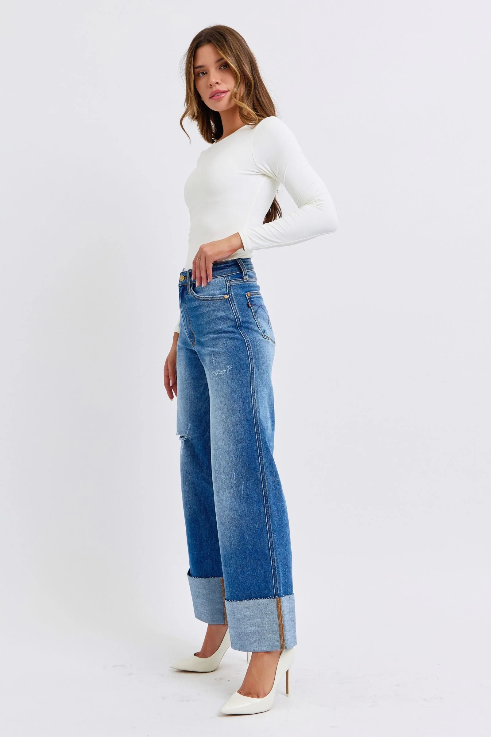 Blue Full Size Distressed High Waist Wide Leg Jeans