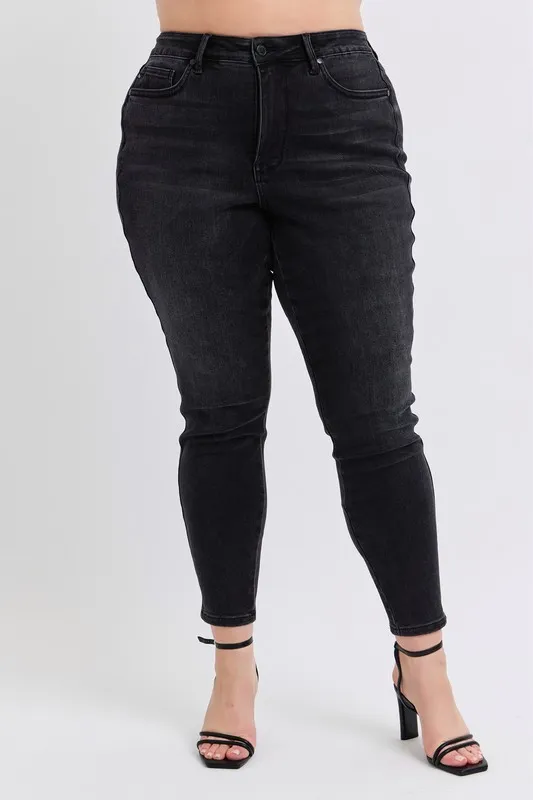 Blue Full Size Midi Rise Tummy Control Skinny Jeans Plus Size