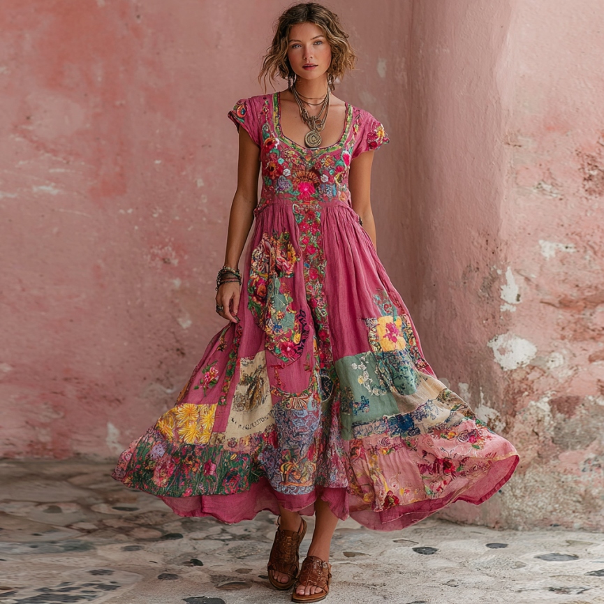 Women's Bohemian Floral Embroidery Art Round Neck Short Sleeve Midi Dress