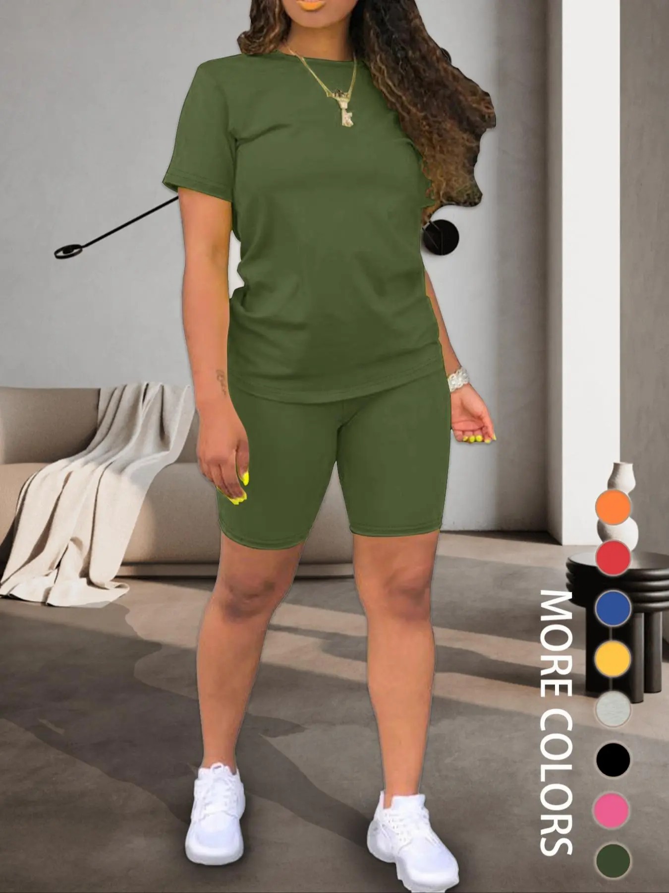 Two-piece Set Women's Fitted Plain Round Neck Tee & Skinny Shorts Set, Summer Clothes Women, Short Sleeve Crew Neck T-shirt & Shorts, Casual Summer Clothes for Outdoor, Cute Summer Outfit, Casual Matching Set, Womenswear