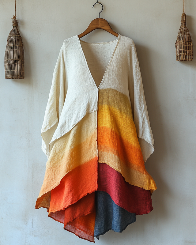 Summer rainbow contrast gradient cotton and linen mid-sleeve dress f05d