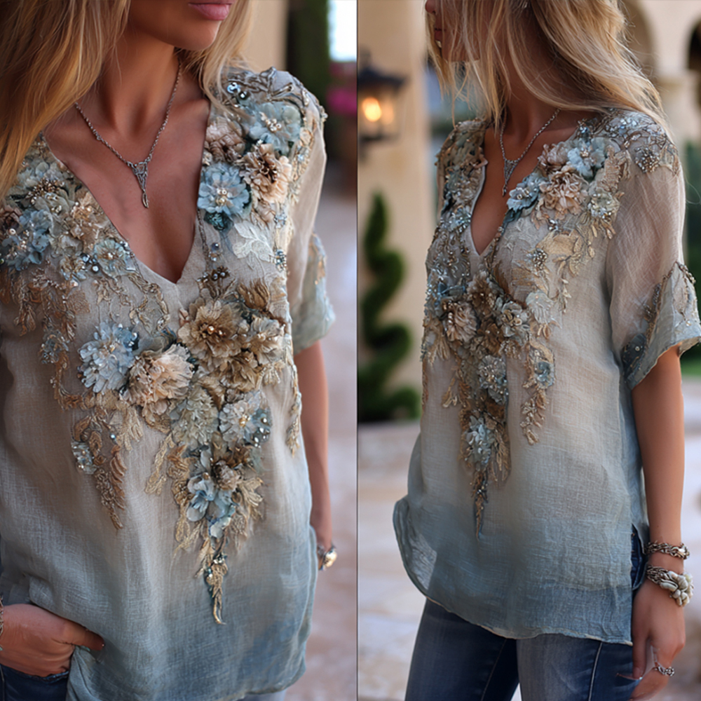 Bohemian Sky Blue Romantic Tie-dye Floral V-neck Short-sleeved Shirt