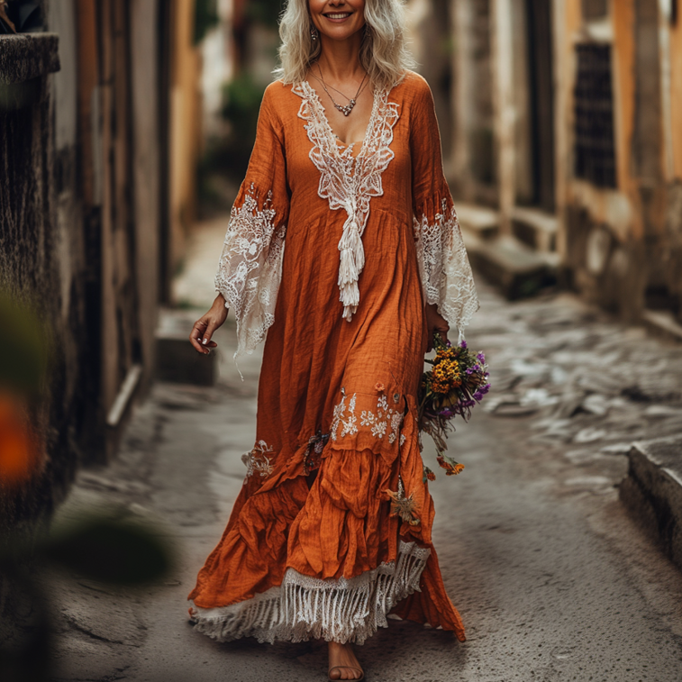 Vintage Loose Linen Patchwork Dress 7aac