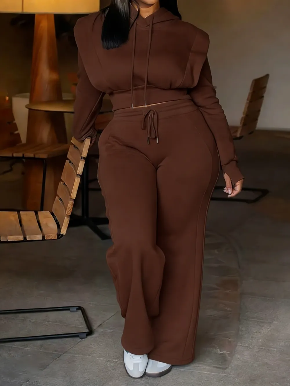 Women’s Hooded Sweatshirt & Wide-Leg Pants Set – Slim Fit, Casual Sportswear