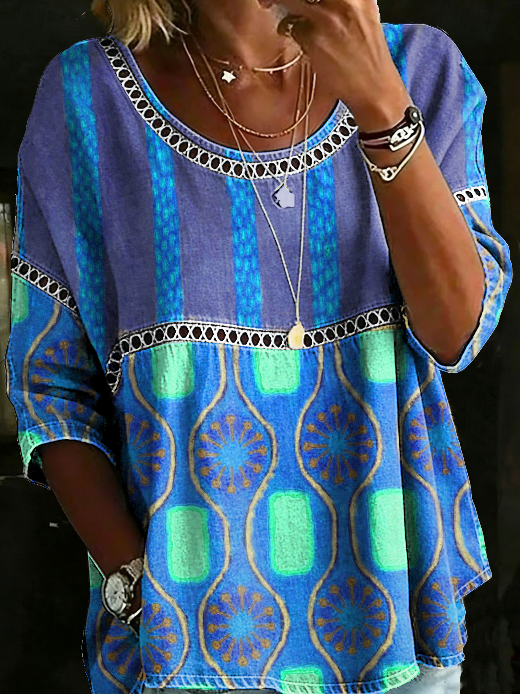 Women's Vintage Abstrct Casual Loose Denim Blouse Shirt