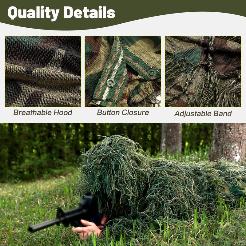 5 in 1 Ghillie Suit, 3D Camouflage Hunting Apparel Including Jacket, Pants, Hood, Carry Bag Suitable for Unisex Adults/Youth (S/M/L)