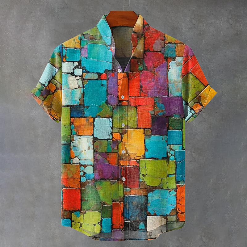 Mottled Aged Colored Squares Vintage Print Casual Cotton Shirt