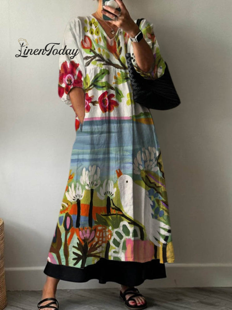 Women's Lovely Floral Bird Art Print Pocket V-neck Cotton Dress