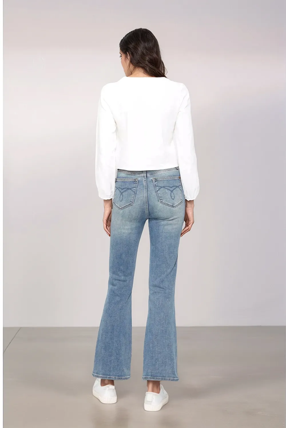 Blue Full Size Tummy Control Back Embroidered Pocketed Bootcut Jeans Plus Size