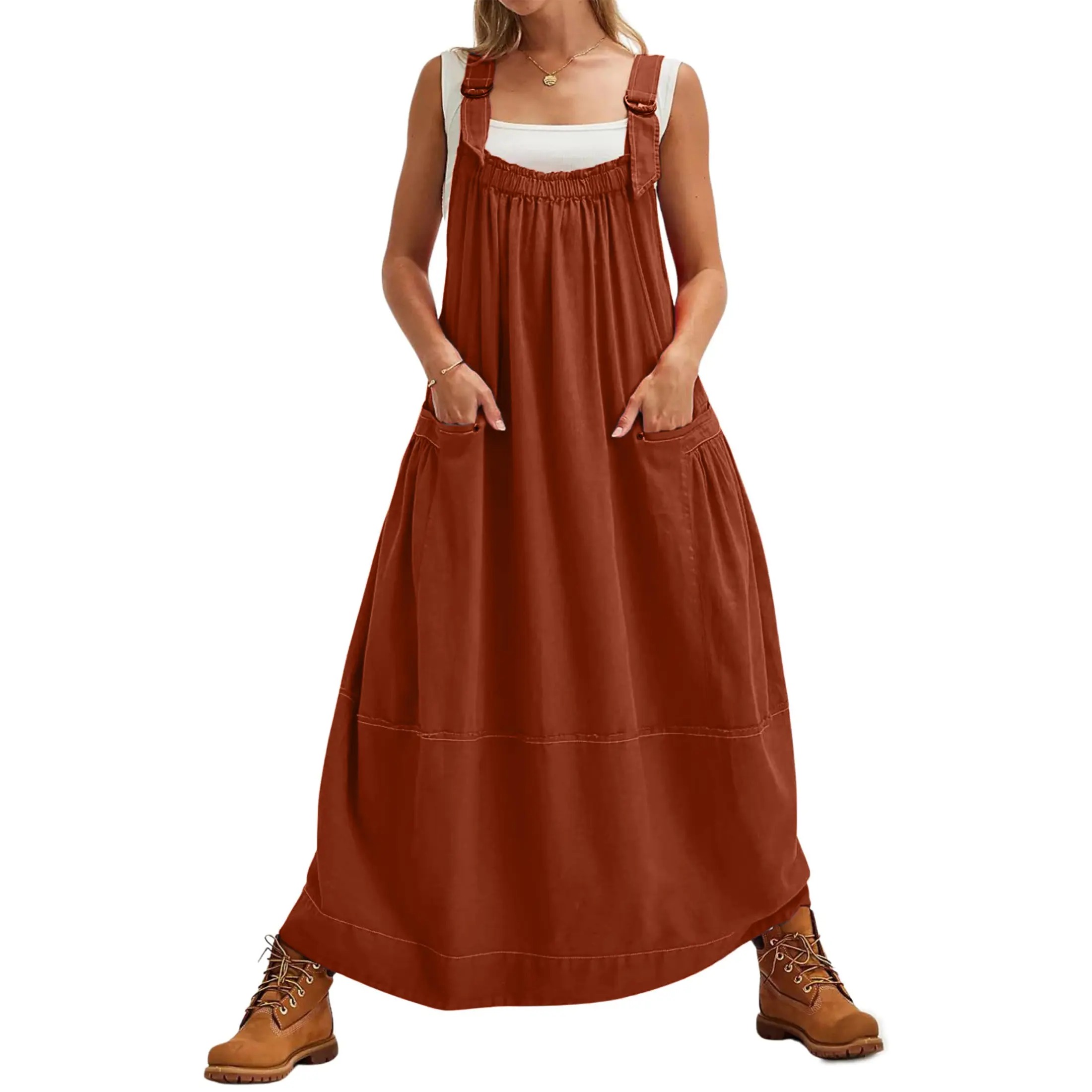 Women's Sleeveless Strappy Barrel Midi Dress with Pockets & Adjustable Straps