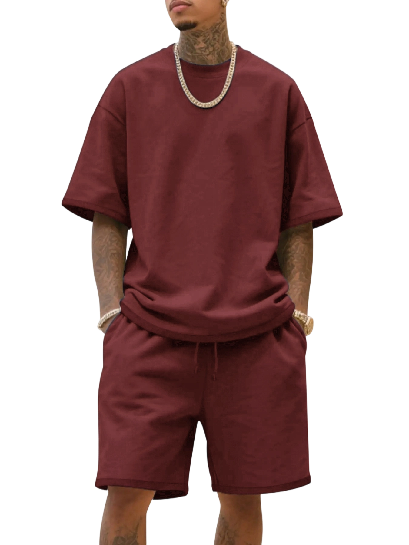 Men's Summer Casual Set, Pure Color Round Neck Short Sleeve Knit Tee & Shorts, Classic Loose Fit Sportswear