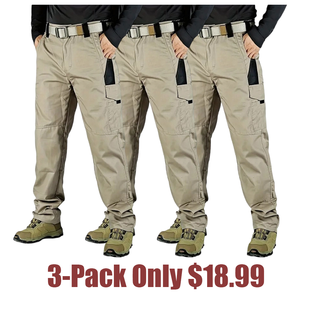 Men's Solid Color Tactical Work Pants with Multiple Pockets and Zipper Closures, Durable Outdoor Training Pants