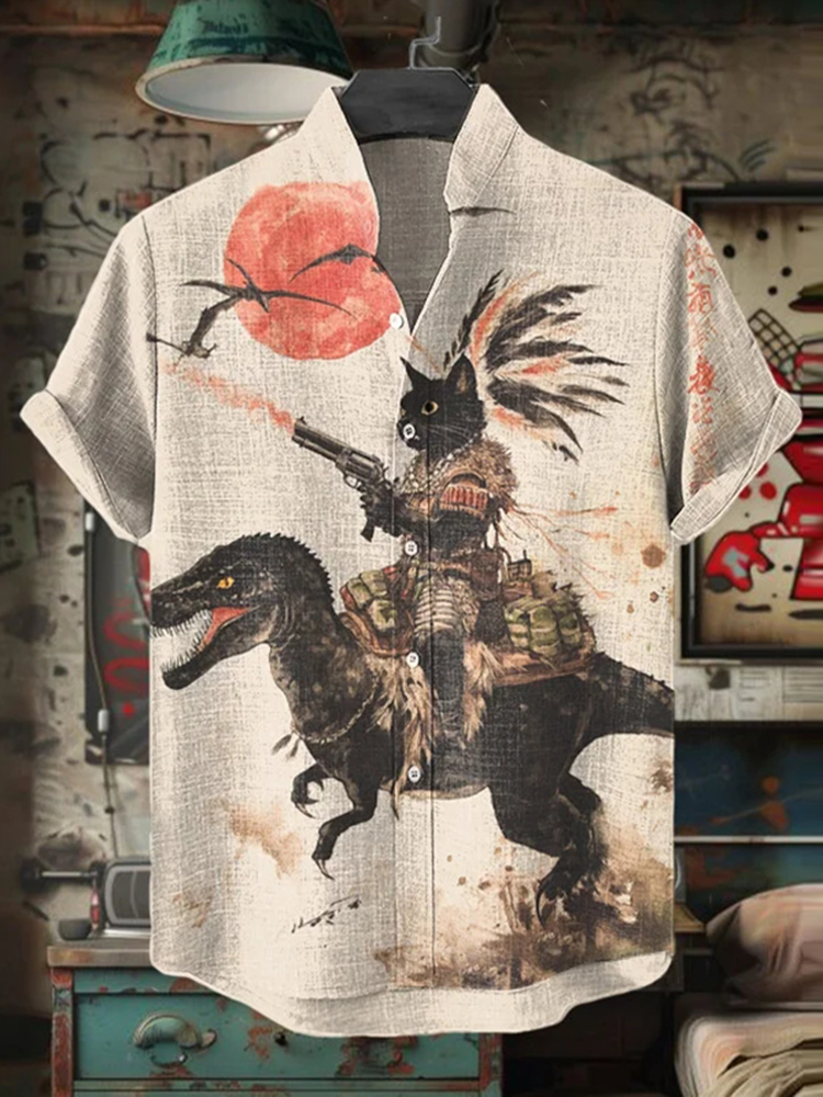 Men's Retro Tribal Black Cat Rides A Dinosaur Print Short Sleeve Shirt