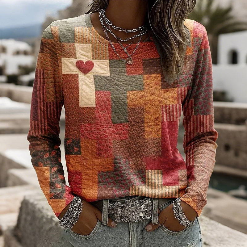 Women's Valentine's Day Heart Faith Cross Pattern Comfortable Boho Top
