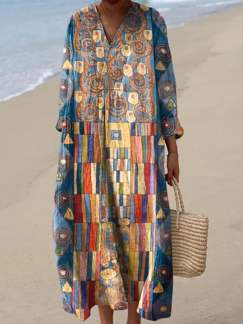 Women's Abstract Geometric Pattern Art Print Sleeveless Cotton Pocket Wrap Dress