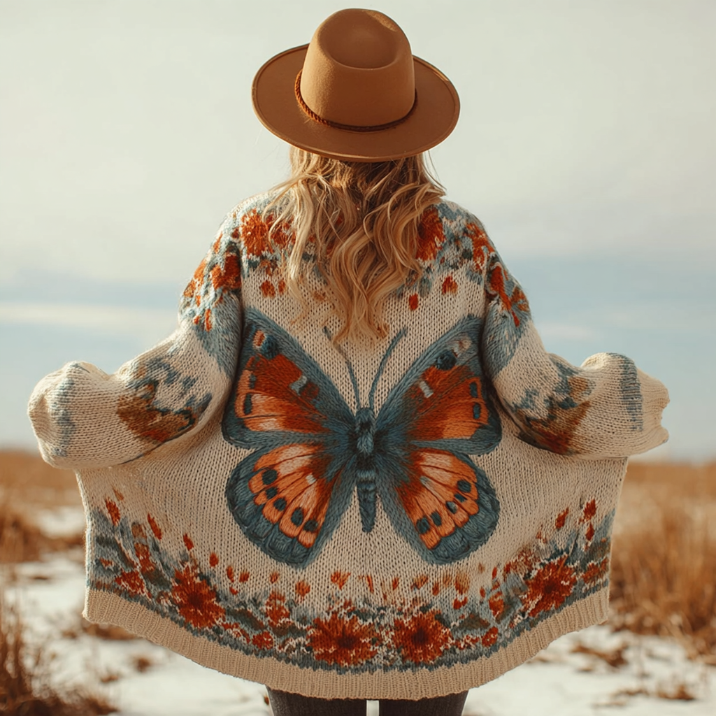 Bohemian Style Butterfly And Plant Floral Pattern Women's Cardigan Sweater