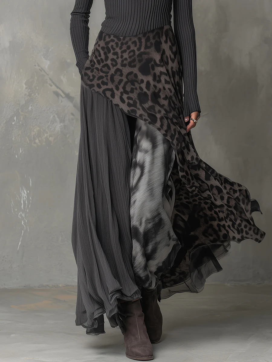 Grey Pit Stripe Leopard Print Splicing Irregular Hem Maxi Dress