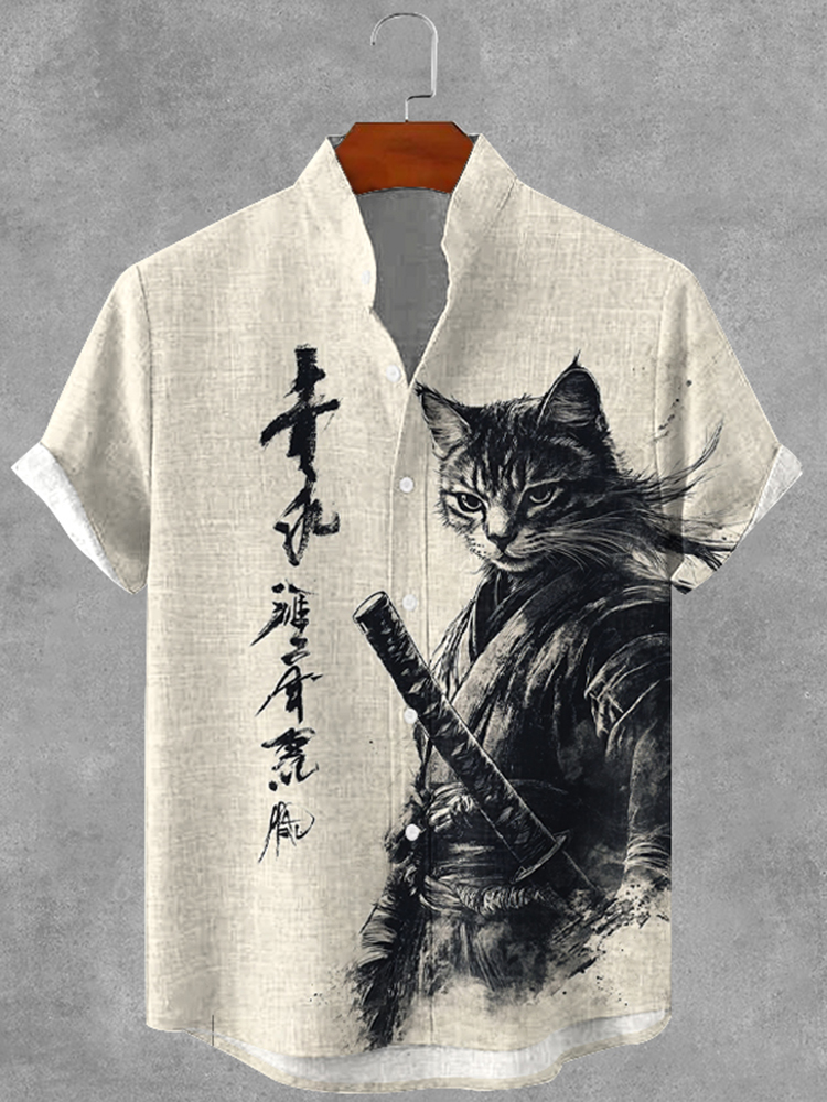 Men's Samurai Cat Japanese Art Print Short Sleeve Shirt
