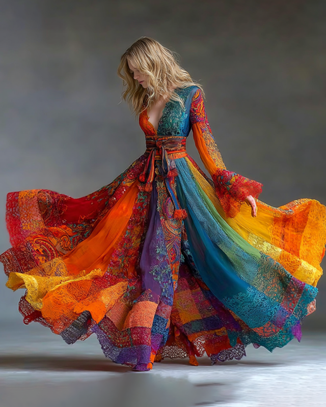 Women's fashionable bright rainbow tie-dyed cotton and linen dress  2189