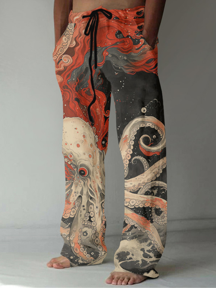 Vintage Japanese Art Octopus Print Linen Blend Casual Pants
