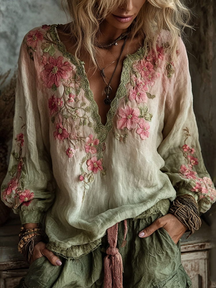 Vintage Cherry Blossom Art Gradient Line Linen Long Sleeve Shirt