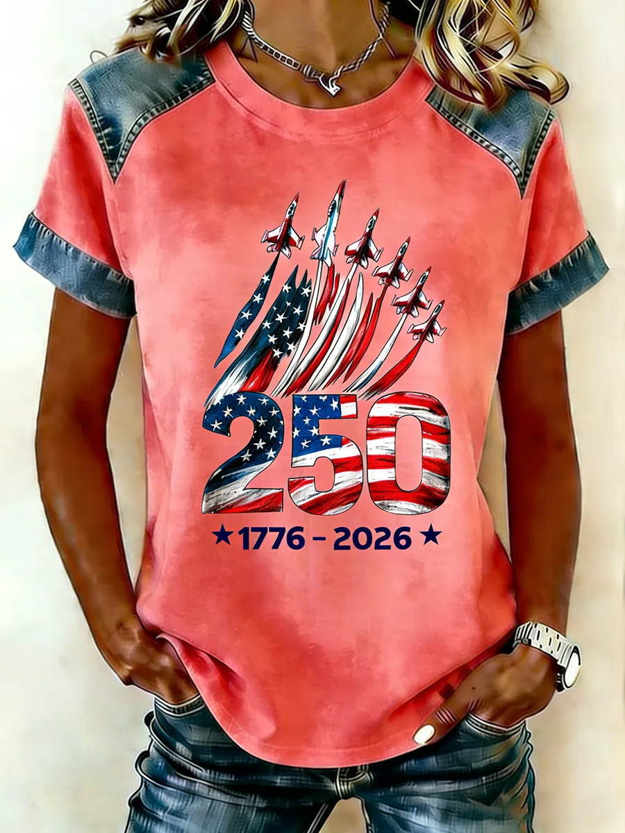 Patriotic USA Flyover 250 Years Denim Raglan Short Sleeve Tee