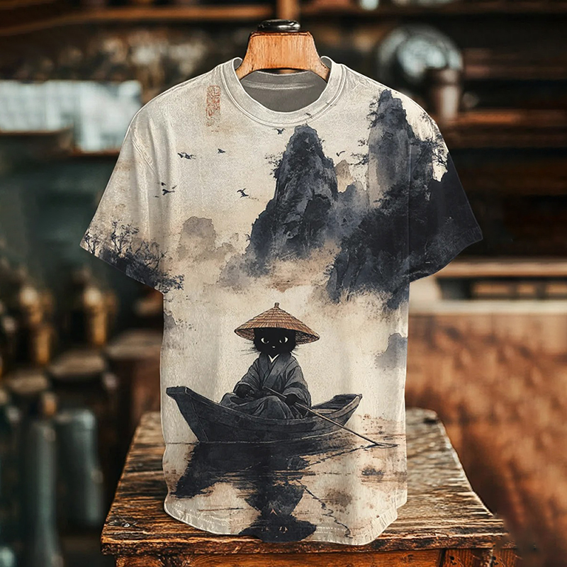 Men's Black Cat Rowing Landscape Ink Painting Art Print T-shirt
