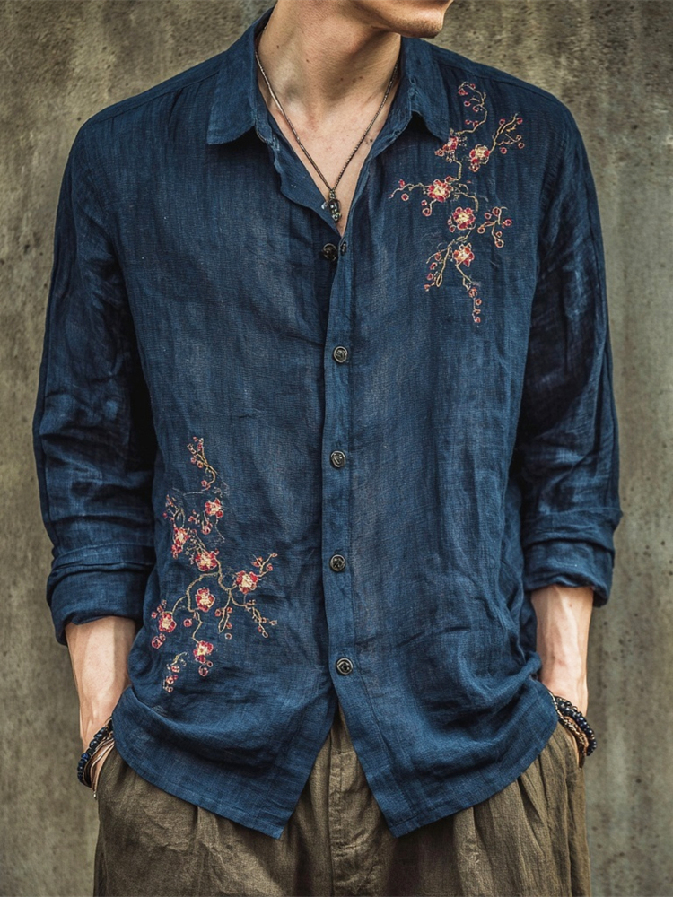 Vintage Japanese Plum Flower Embroidery Men's Linen Long Sleeve Shirt