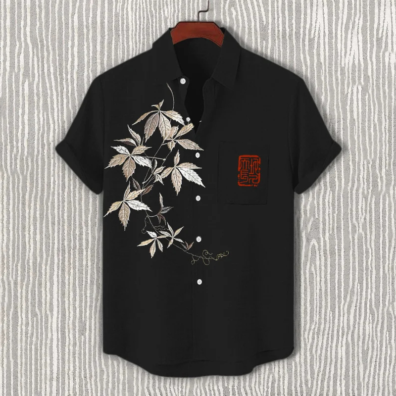 Men's Embroidered Leaves Art Print Short Sleeve Shirt