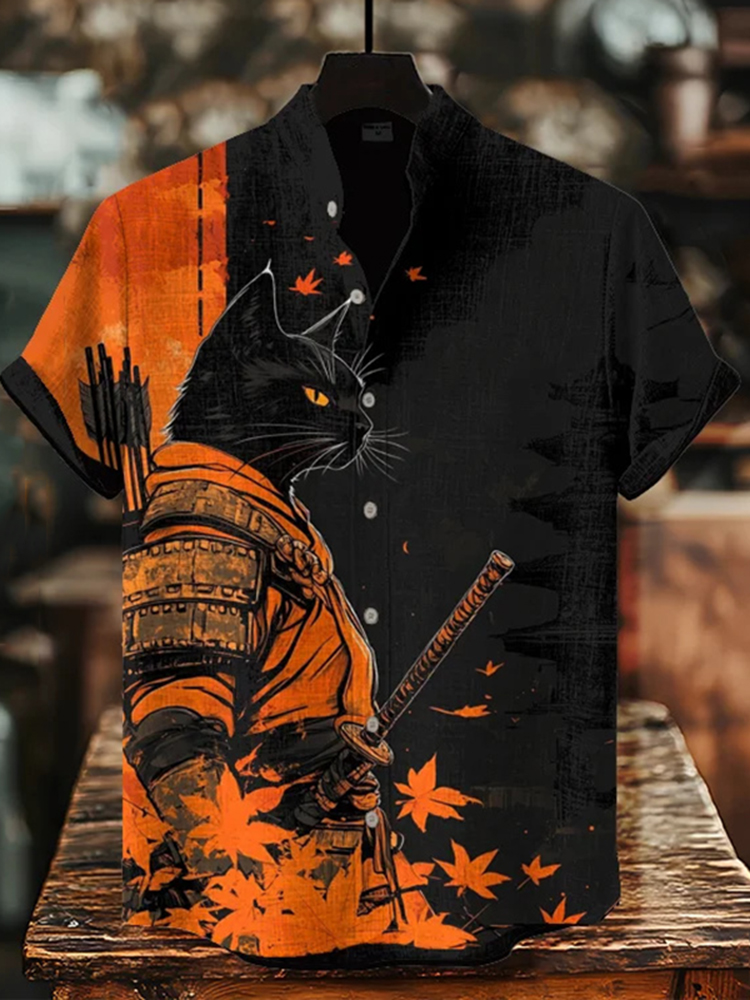 Men's Black Cat Warrior And Maple Leaf Temple Print Casual Shirt