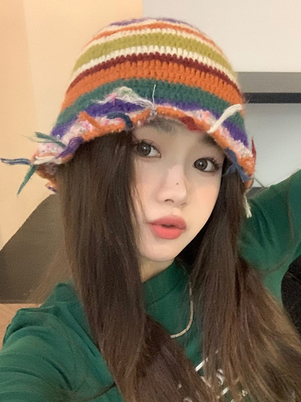 Fringed Striped Tasseled Bucket Hat