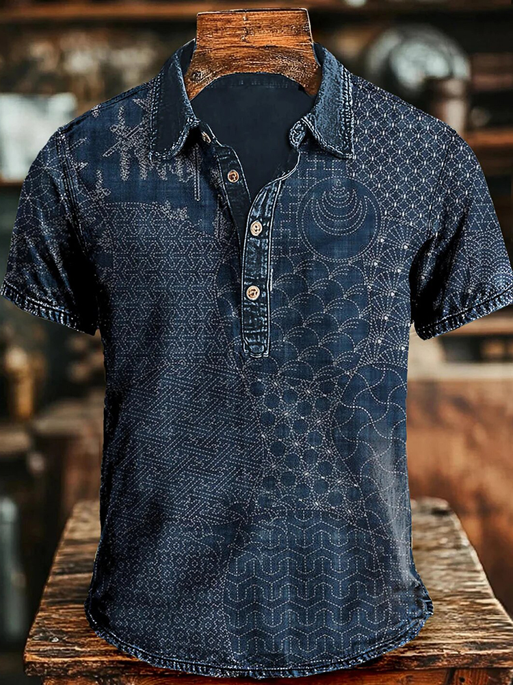 Men's Vintage Traditional Japanese Sashiko Art Polo Shirt
