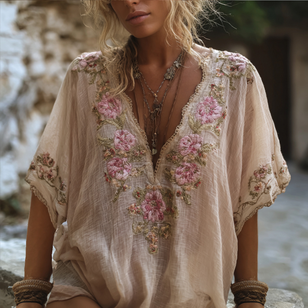 Bohemian Style Embroidered Floral Pink Flowers Linen Vintage V-neck Short-sleeved Shirt