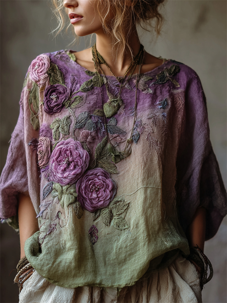 Bohemian Dragonfly Vine Pattern Vintage V-neck Short-sleeved T-shirt