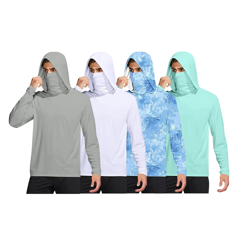 Long Sleeve Sun Shirt Men UPF 50+ Rash Guard Cooling Fishing Hoodies with Mask Casual Summer UV SPF Hiking Blouses