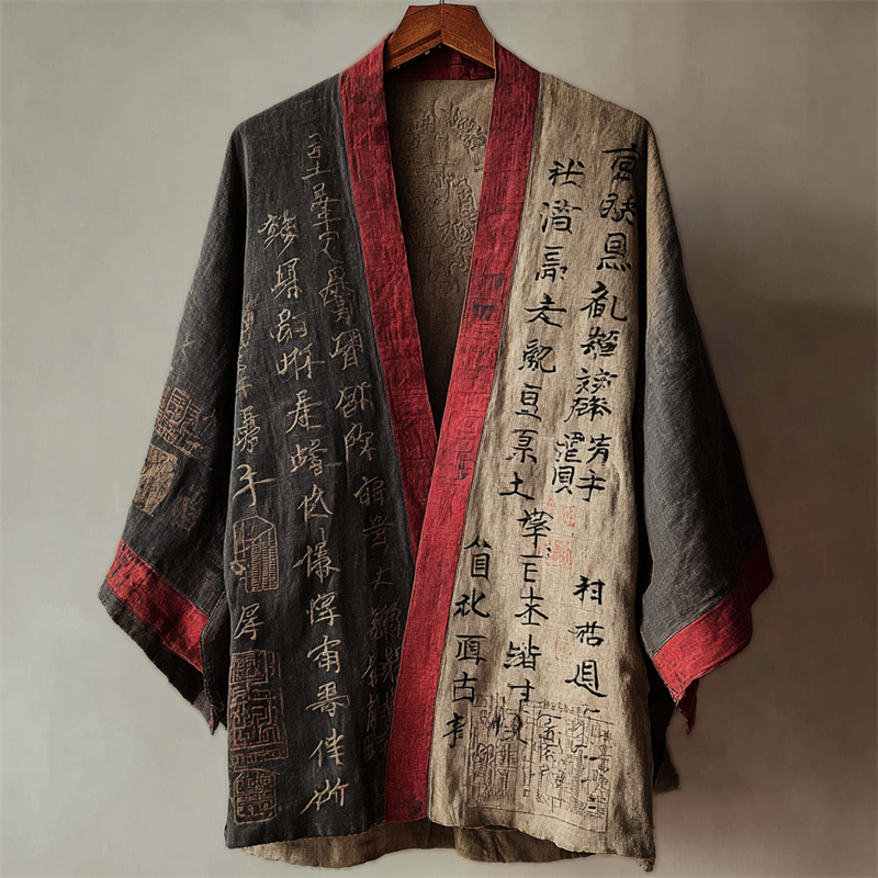 Japanese Calligraphy Art Contrast Linen Kimono Cardigan