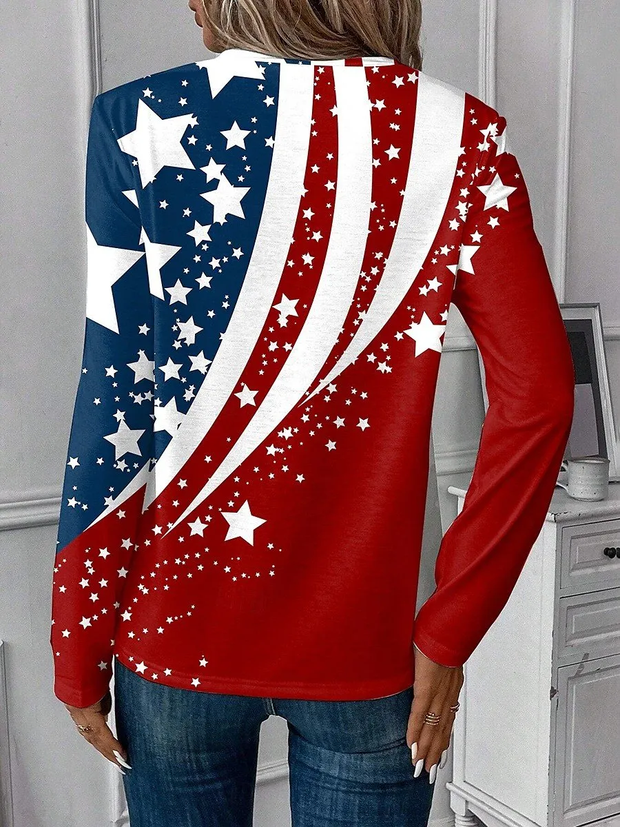 Casual America Flag Printing V Neck Long Sleeve T-shirt