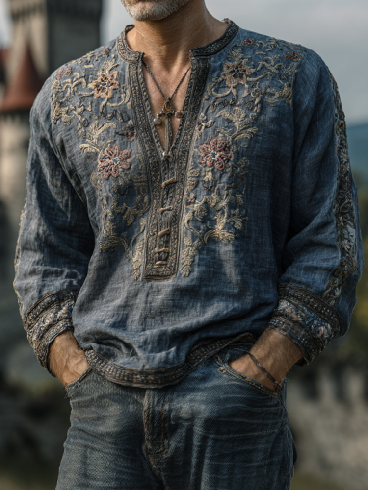 Men's Vintage Floral Embroidered Comfy Linen Shirt