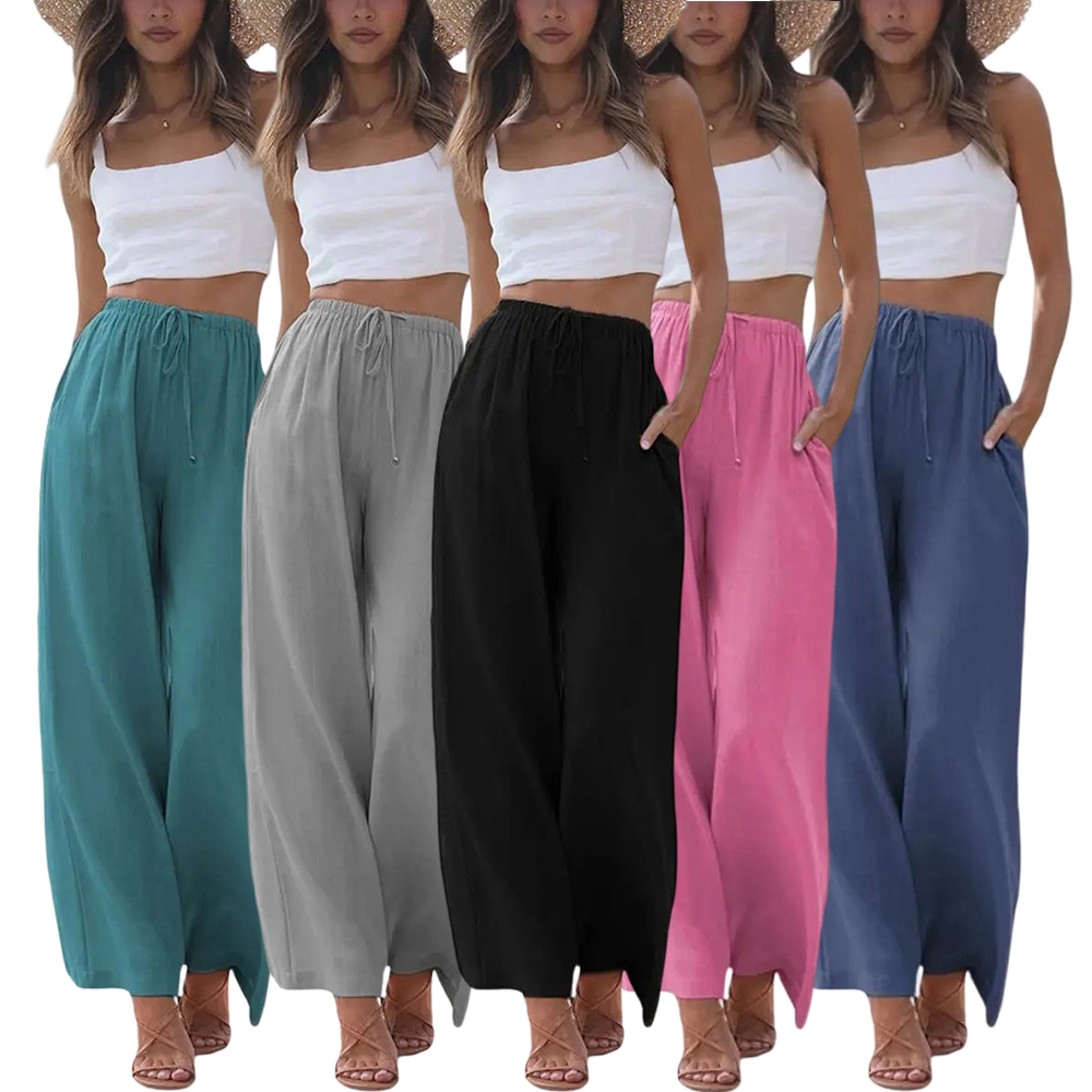 Women's Cotton Linen Summer Palazzo Pants Flowy Wide Leg Beach Trousers with Pockets Casual Womenswear