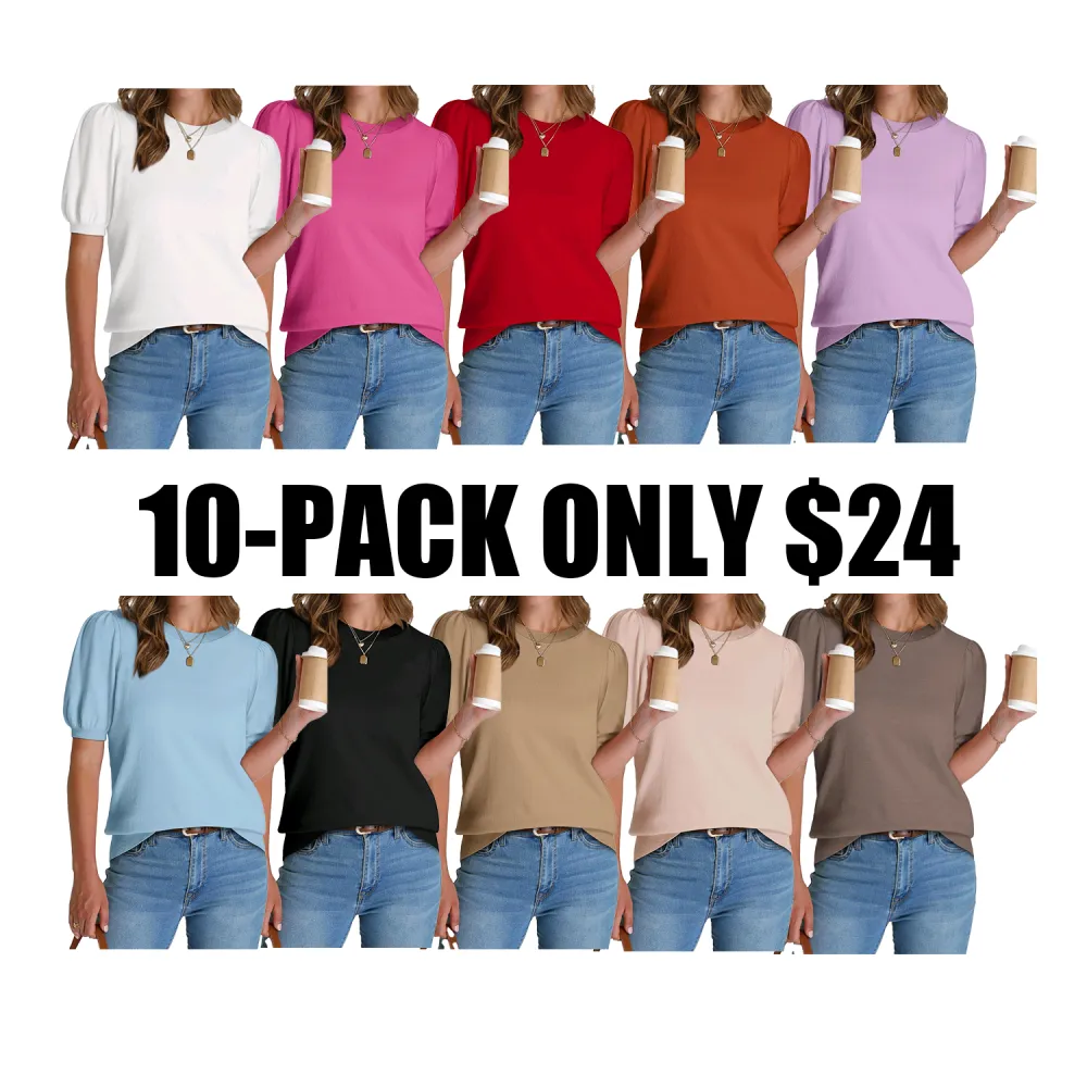 OFEEFAN Women's Puff Short Sleeve Sweater – 2025 Spring/Summer Trendy Business Casual Work Blouse