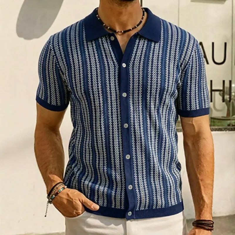 Mens Knit Polo Shirts Vintage Casual Short Sleeve Shirt Golf Button Down Pinstripe Old Money Top