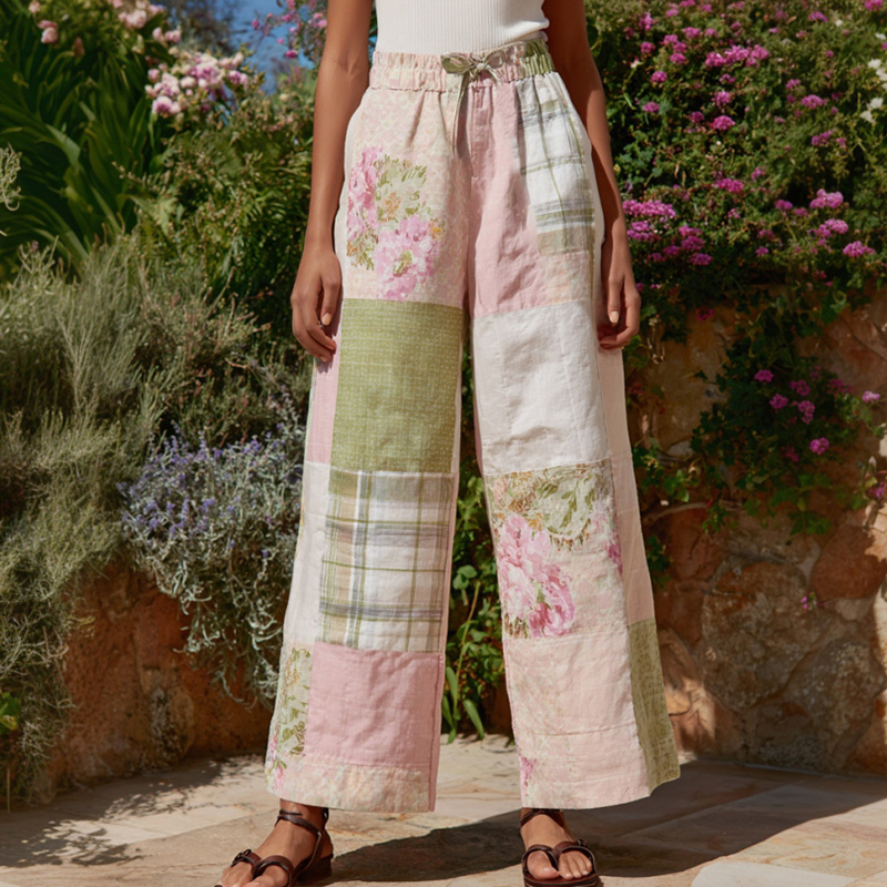 Women's Retro Bohemian Floral Patchwork Linen Trousers