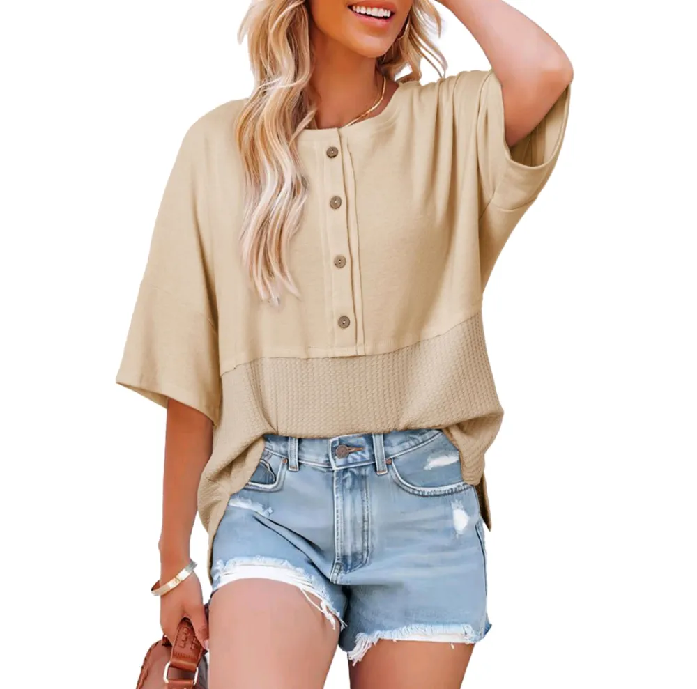 Dokotoo Women's 2025 Waffle Knit Patchwork Tops – Casual Oversized Button Down 3/4 Sleeve Shirt Blouse