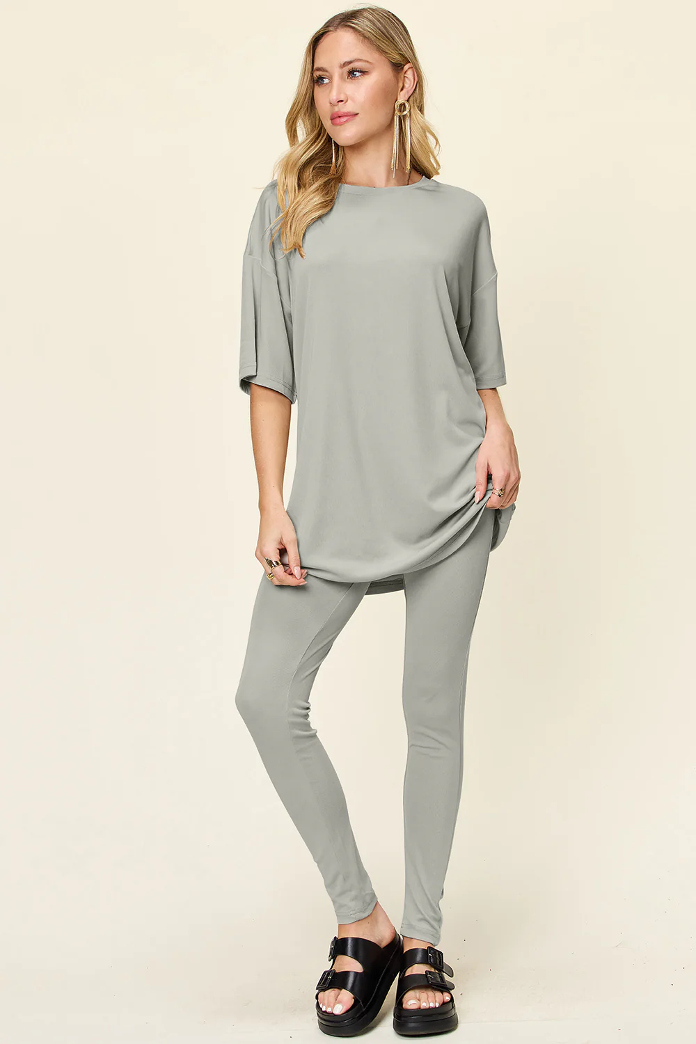 Full Size Round Neck Dropped Shoulder T-Shirt and Leggings Set