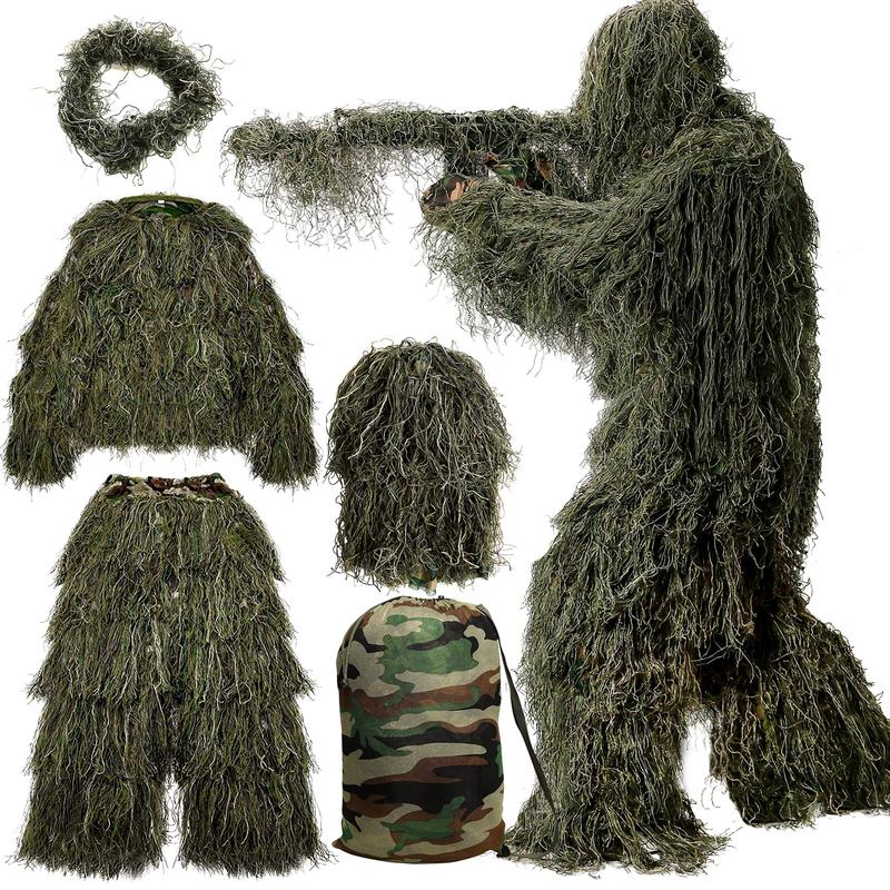 5 in 1 Ghillie Suit, 3D Camouflage Hunting Apparel Including Jacket, Pants, Hood, Carry Bag Suitable for Unisex Adults/Youth (S/M/L)