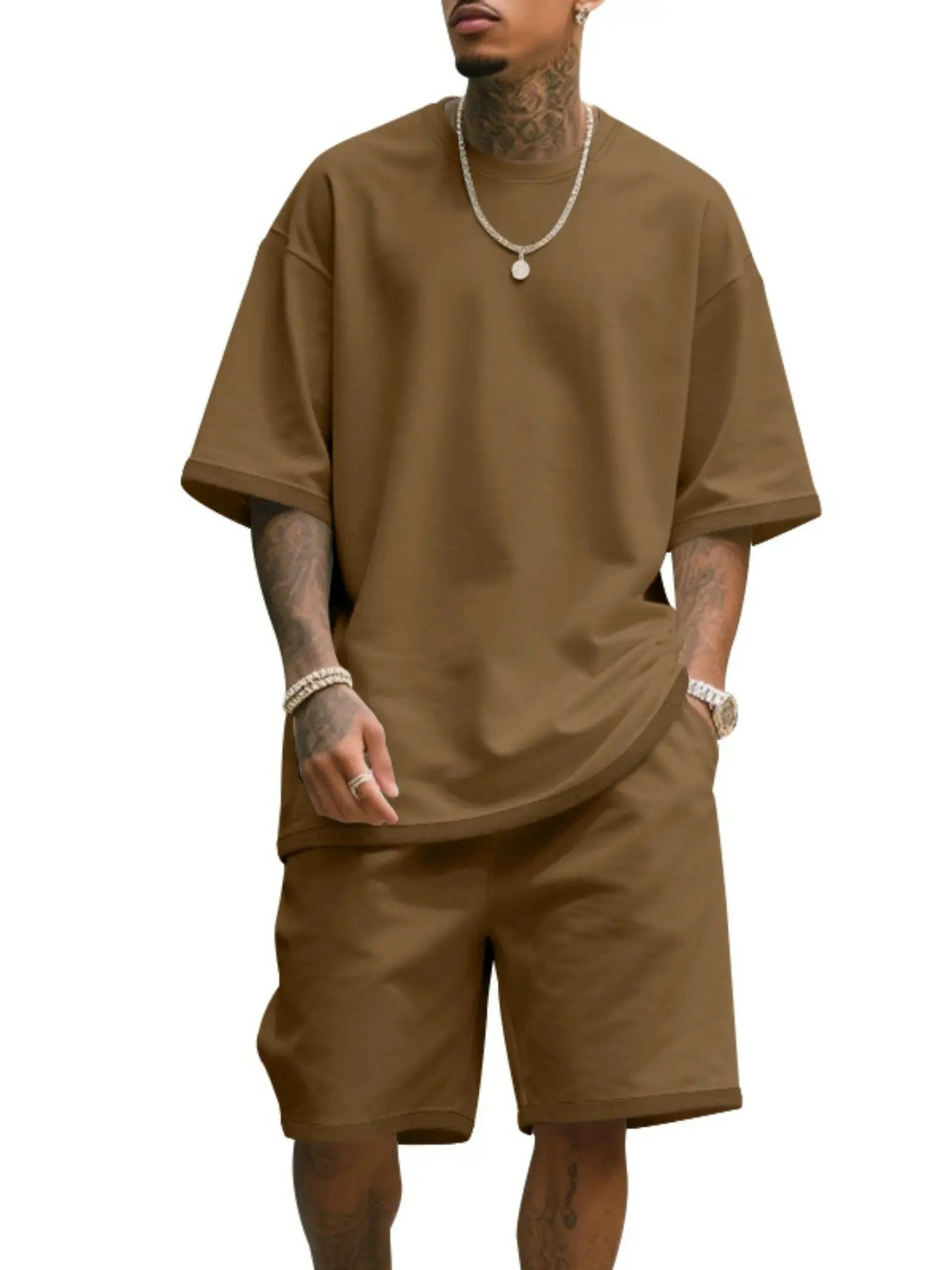 Men's Summer Casual Set, Pure Color Round Neck Short Sleeve Tee & Shorts